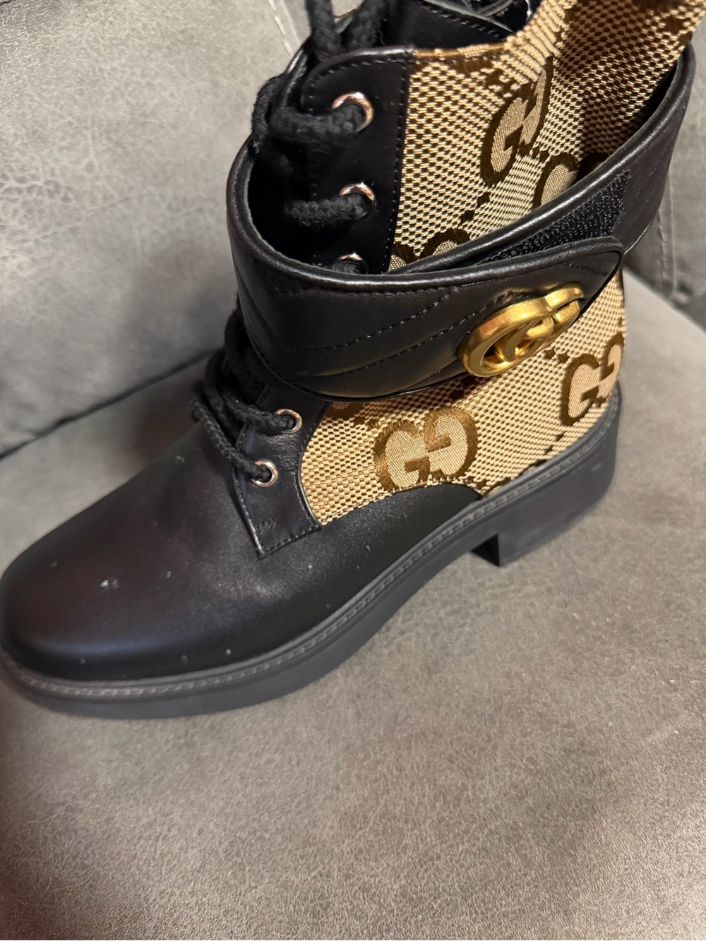 Gucci Black Leather & Tan GG Canvas Lace-Up Ankle Boots - Picture 2 of 9